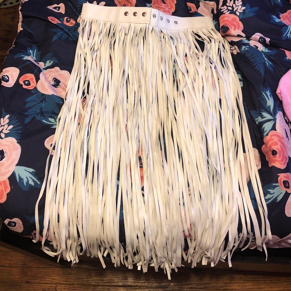 White leather fringe belt